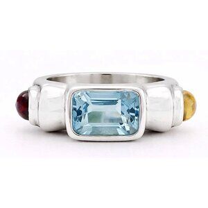 Genuine 5.21 Cts. Aquamarine, Citrine & Amethyst Ring Solid .925 Silver